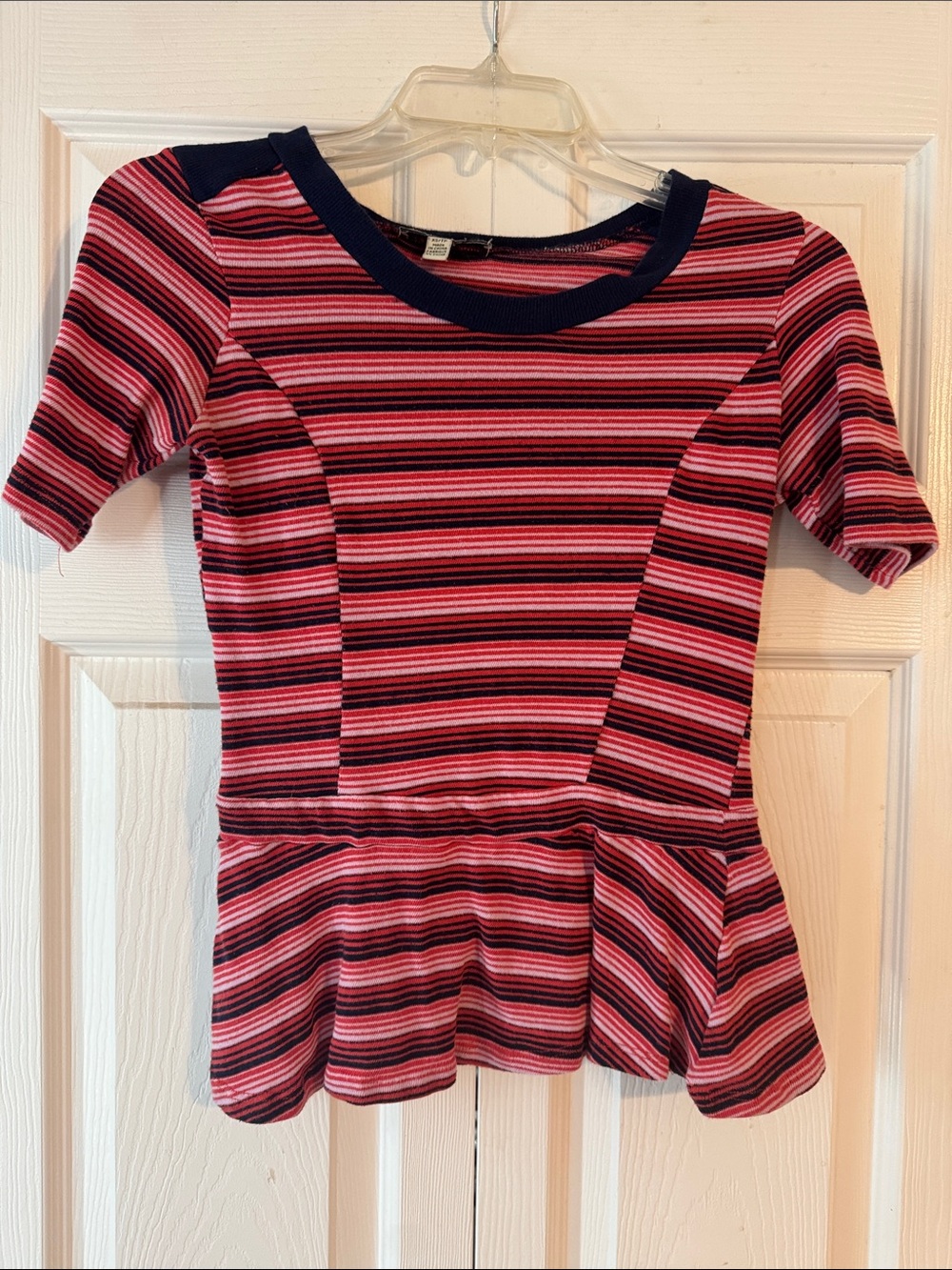 Anthropologie Pink and Navy Striped Peplum Top